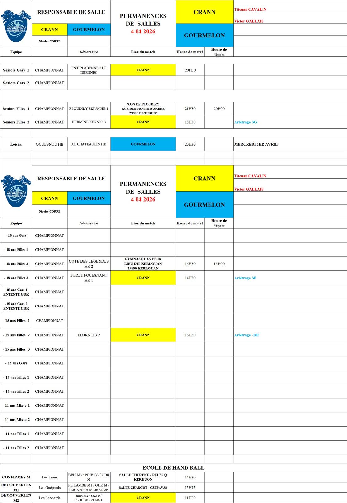 Calendrier du 4 avril